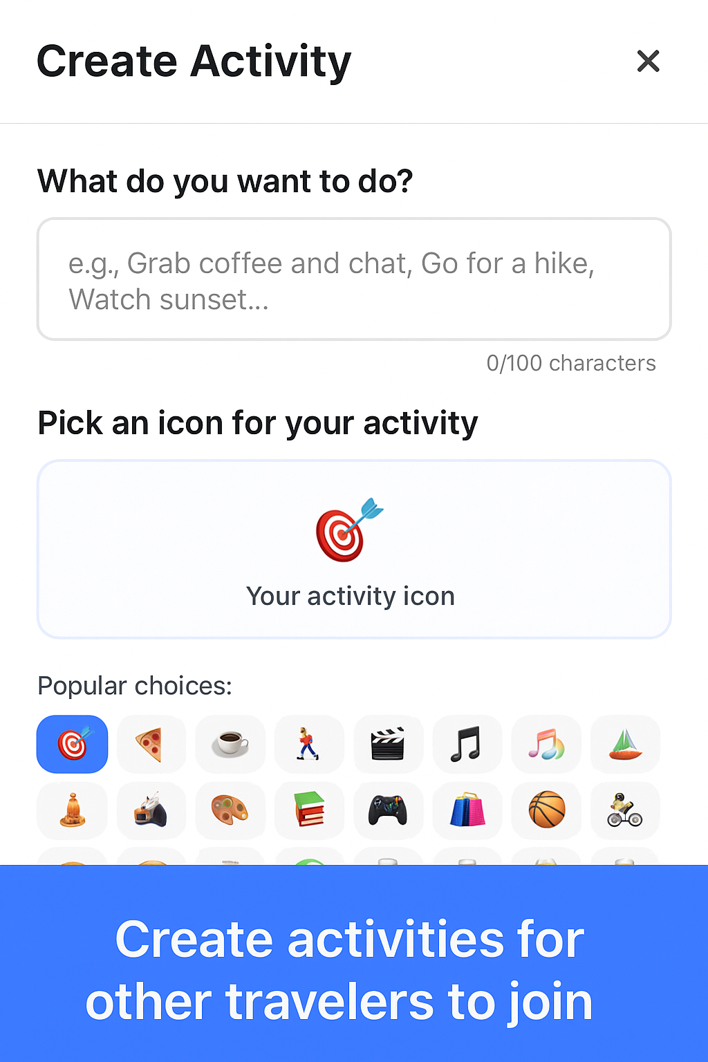 Create activities by choosing from popular icons like coffee, hiking, food, and entertainment